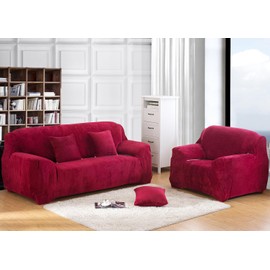 vctops 1-Piece Velvet Plush Stretch Sofa Slipcover with Elastic Bottom Soft Fuzzy Fluffy Couch Covers for 3 Cushion Couch Furniture Protector for Kids, Pet (Wine Red,Sofa)