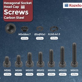 Kozelo 240pcs M5 Socket Head Cap Screws Bolts Nuts Assortment Kit - [M5x6/8/10/12/16/20/25mm] Alloy Steel Fully Threaded Black Oxide 12.9 Internal Hex Screw for 3D Printer Use