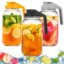 3 Pack Glass Pitchers with Lid, 64 oz Sun Tea Pitcher, Half Gallon Mason Jar Pitcher with Wide Mouth Airtight Lid for Ice Tea, Cold Brew Coffee, Fridge Water, Milk, Juices, Leak Proof Water Jug