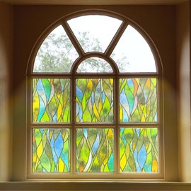 3D Stained Glass Window Film, Decorative Window Privacy Film for Bathroom,Front Door,Home, Sun Blocking Heat Control,Static Cling,Sunny Waves, 23.6inch x 35.4inch