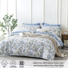 LEMIROE Vintage Botanical Cotton Comforter Queen Size 3PC - Lavish Floral on Bluish White with Frost Blue Back, Reversible Lightweight Comforter Set with Soft Fill(90"×90")