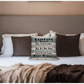 huester Funny Camping Rules Vintage Throw Pillow Cover,18"X18" Decorative Pillowcase Cushion Cover for Home Sofa Couch Bed,Campsite RV Cabin Decor, Gift for Camping Lovers Campers