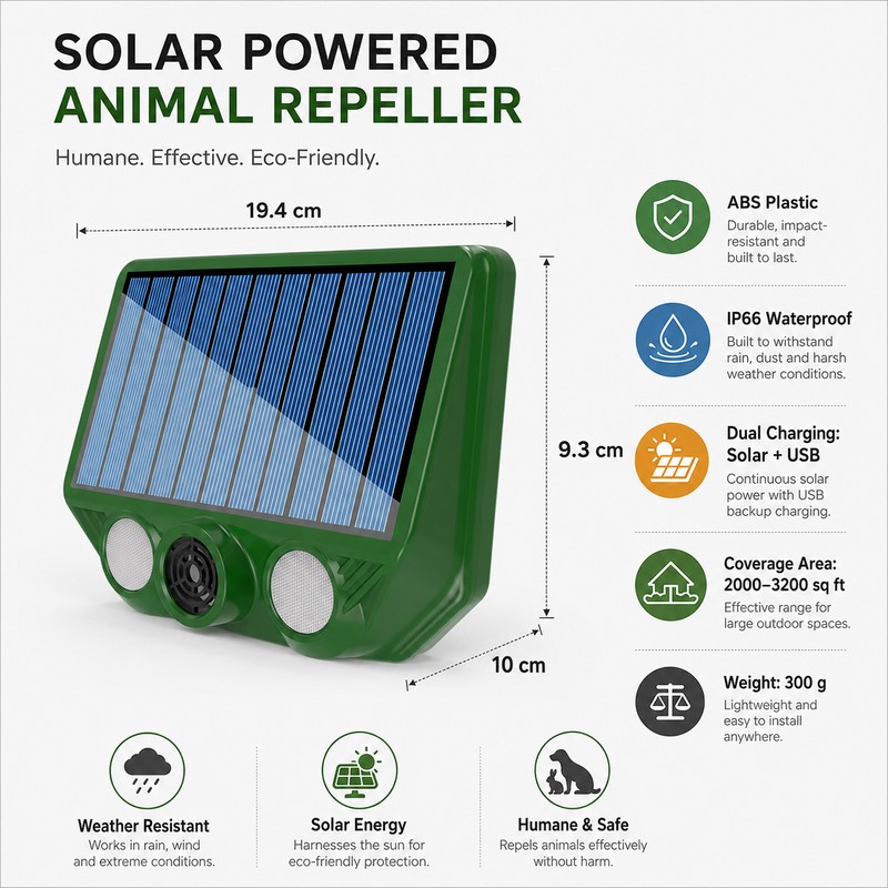 Solar Ultrasonic Animal Repeller for Outdoor Use – IP66 Motion
