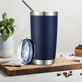 Termo Acero Inoxidable, Termos para Cafe de 20oz, Vasos de Acero Inoxidable con Tapa y Popote, para Trabajo, Viajes, Hogar, Regalos de Navidad (Azul)