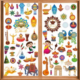 Diwali Decorations for House Window Stickers Set Vibrant Traditional Indian Elements Featuring Oil Lamps, Mandalas, Festive Characters, Musical Instruments, and Animal Designs Celebrate Holiday Happy