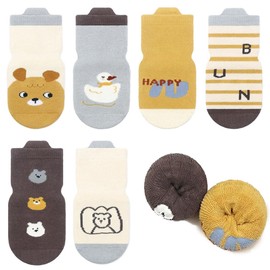 FedMois 6 Pairs Baby Kids Cozy Warm Winter Socks Anti-slip Infant Toddler Thermal Crew Socks, Bear, 3-5 Years
