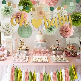 Sage Green and Dusty Pink Baby Shower Decorations Olive Sage Green Dusty Rose Paper Pom Poms Paper Fans Paper Tassels Garland Oh Baby Banner for Baby Girls Baby Shower Gender Neutral Party Decor