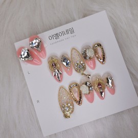 [Premium Nails] Pink Gradient Dangle Parts Handmade Nail Tips - Coffin Egg / [프리미엄네일] 핑크그라데이션 댕글파츠 수제네일팁 - 코핀에그