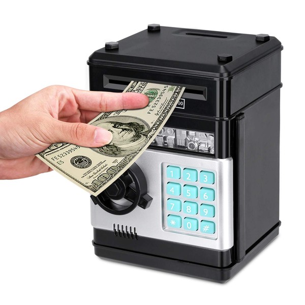 Adsoner Piggy Bank, Electronic ATM Password Cash Coin Can Auto Scroll Paper Money Saving Box Gift for Kids (Black)