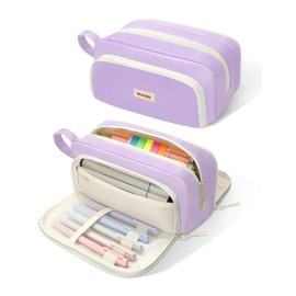 SUNEE Cute Pencil Case, Aesthetic Pen Pouch with 3 Compartments, Kawaii Colored Large Pencil Bag with Zipper, Stationery Storage and Organizer, Purple School Supplies for Teen and Adult Girls