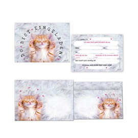 Minkocards 12 Invitation Cards for Children's Birthday Parties Girls Cat Invitations for Girls Birthday Includes 12 Envelopes, 12 Party Bags/Petrol, 12 Stickers, 12 Bookmarks