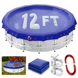12ft Round Winter Pool Cover for Above Ground Pools 12ft Pool Cover Kit with Winch and Cable, Premium Extra Thick Durable Heavy Duty 12ft Winter Pool Cover Against UV, Falling Leaves, Dust, Snow, Blue