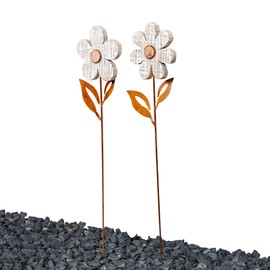 levandeo Set of 2 Garden Stakes Flower Height 57 cm Rust Wood Garden Decoration Spring Decorative Flower Stele Bed Stake Rust Decoration