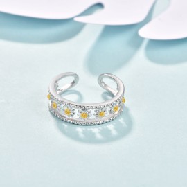 KINGWHYTE Daisy Ring 925 Silver Women's Flower Ring Adjustable Daisy Rings Daisy Open Ring Daisy Jewellery Gifts for Women Girls, Sterling Silver