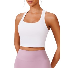 PINSPARK Women's Sports Bra Without Underwire Padded Bustier with Removable Cups Racerback Push Up Sports Bra Breathable Bralette Seamless Crop Tops Jogging Yoga Fitness, White, XL