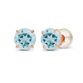 14K Solid Rose Gold 4mm Round Natural Aquamarine March Birthstone Prong Set Stud Earrings For Women