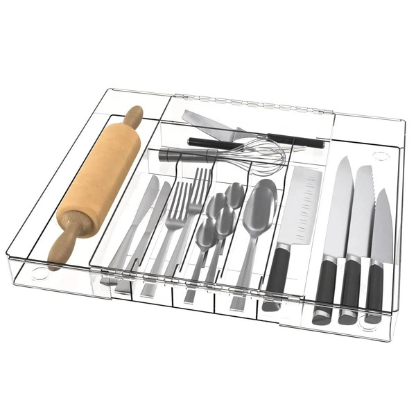 CAPQL Clear Acrylic Silverware Drawer Organizer, Expandable Large Kitchen Utensil