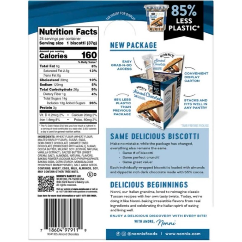 Nonni's Almond Chocolate Biscotti, 24 Count, Dark Chocolate Dipped, Individually