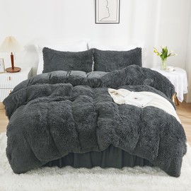 annadaif Plush Grey Duvet Cover Queen, Fluffy Soft Faux Fur Velvet Comforter Cover, Luxury Fuzzy Shaggy Bedding Sets 3 Pieces(1 Duvet Cover,2 Pillowcases), Zipper Closure