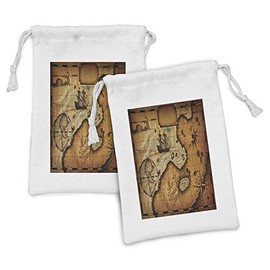 Ambesonne World Map Fabric Pouch Set of 2, Pirate Mapping of Treasure Island Nautical Navigation Geography, Small Drawstring Bag for Toiletries Masks and Favors, 9" x 6", Pale Caramel and Sand Brown