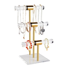 Jolboldy 3-Tier Necklace Holder Bracelet Holder, Gold Acrylic Jewelry Display Stand Crystal T Bar Jewelry Organizer Gift for Women