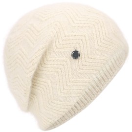 EASTER BARTHE Off-White Color Cashmere Beanie Hat for Women Winter Slouchy Chunky Knit Beanie Stocking Ski Hat