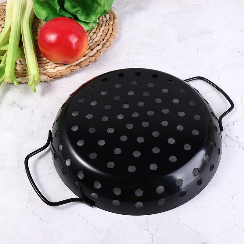 Round Grill Wok with Handle,Carbon Steel Grill Pan With Holes,Non-Stick
