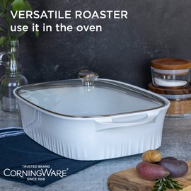 CorningWare QuickHeat 5.7-QT Cast Aluminum Roaster With Lid & Non-Stick Ceramic Interior, Lightweight and Fast Even Heat Baking & Cooking, For Meats, Soup, Browning, Searing, French White