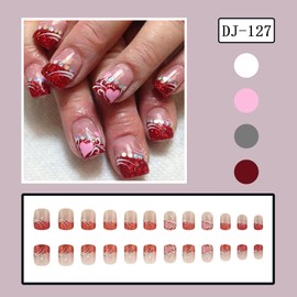 Valentine's Red Glitter Powder Acrylic Nails Pink Love Heart False Nailsl White Stripe Laser Silver Dot Design French Tip Press on Nails Short Square Artificial Coffin Nails Valentine's Nails