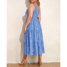 Sun Dresses Women Summer Plus Size Blue Floral Casual Boho Beach One Shoulder Long Flowy Smocked Tiered Maxi Sundress