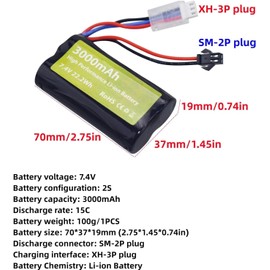 2PCS 7.4V 3000mah 15C 2S Li ion Battery with SM-2P Plug and 2in1 Charger Suitable for H105 H103 H101 RC Ship MN D99 D99s D90 D91 RC Car Truck RC Ship Engineering Vehicle Battery