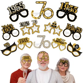 Turypaty 24Pcs 1955 70th Birthday Paper Glasses Decorations for Men Women - Black Gold Happy 70th Birthday Paper Eyeglasses Photo Props, Vintage 1955 Seventy Years Old Birthday Party Supplies
