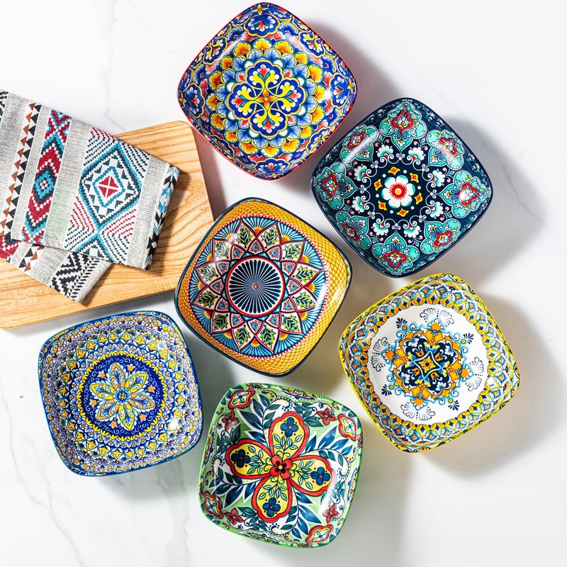 HENXFEN LEAD Boho Ceramic Square Bowls – 20 oz Colorful