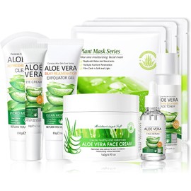 Set De Aloe Vera Para El Cuidado Facial, 9 Piezas Con Mascarillas, Gel Exfoliante, Gel Limpiador, Tónico, Suero, Crema Hidratante, Crema Para Ojos Y Kit Hidratante.