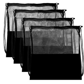 WANGCL 4 Piece Mesh Drawstring Bag, Adjustable Stripe Backpack, Sports Fitness Net, String Bag, Extra Large Equipment Mesh Bag for Swimming, Beach (Black)