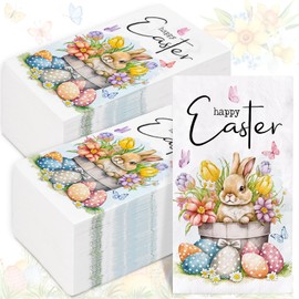 AnyDesign 100Pcs Happy Easter Guest Napkins Disposable Colorful Eggs Bunny Flower Paper Napkins Dinner Hand Napkins for Spring Party Supplies Table Decor