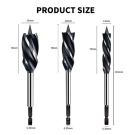 3 Piece Professional Wood Drill Bit Set, Wood Drill Bit Set, Auger Drill Bit Self-Feed Steel Auger Drill Bit Including 12 mm, 20 mm, 25 mm, for Woodworking