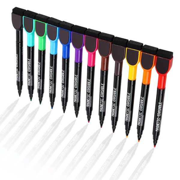 KkvoGmle Pack of 12 Magnetic Whiteboard Markers, Dry Wipe Markers,