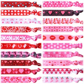 20 Pieces Valentine's Day Ribbon Hair Ties Love Printed No Crease Hair Tie Heart Rose Hair Tying Bands Fold over Elastic Hair Ties Red Lip Knotted Hair Ties for Women Girls Hair Accessories, 20 Styles