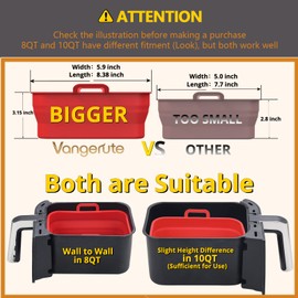 Vangerute Collapsible 2-Pack Air Fryer Silicone Liners for 8QT & 10QT NINJA Foodi Dual, Rectangular Air Fryer Silicone Pot, Reusable Silicone Air Fryer Basket for Air Fryer Accessories (Red)