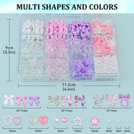 500 Pcs 3D Nail Charms and Flatback Pearls #11, 6 Colors Bow + Pink&White Star Heart Cute Charms + 2-6mm White Pearls for Nail Art Design with Nail Charm Glue(UV Needed) and Pickup Tools