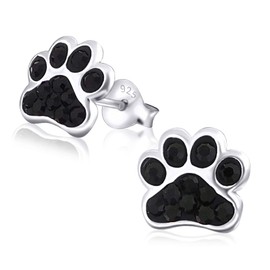 Laimons Children's Stud Earrings with Paw Design, Shiny White, Glitter, 925 Sterling Silver, Sterling Silver, Black
