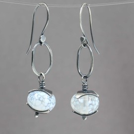 Kathy Bankston Handmade Sterling Silver Dangle Earrings with White Lampwork Glass Beads, Oval Hoop Design, Modern Rustic Style, 1.875 x 0.5 Inch