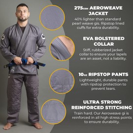 Gold BJJ Aeroweave Jiu Jitsu Gi - Ultra Lightweight BJJ Gi - Preshrunk Brazilian Jiu Jitsu Uniform for Men (Grey, A1H)