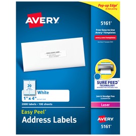 Avery Easy Peel Address Labels for Laser Printers 1" x 4", Box of 2,000 (5161)