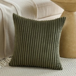 Fancy Homi Set of 2 Olive Green Decorative Throw Pillow Covers 20x20 Inch for Couch Bed Chair, Aesthetic Rustic Boho Home Decor, Soft Fuzzy Double Sided Thick Corduroy Cute Textured Cushion Case 50cm