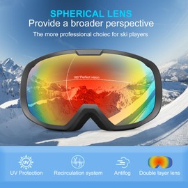 EXP VISION Ski Goggles for Men Women, OTG Snowboard Goggles with 100% UV Protection Anti Fog Lens Snow Goggles (Red)