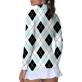 GGOV Golf Shirts for Woman UPF 50+ Sun Protection Quick Dry Lightweight Long Sleeve Polo Shirts for Woman Rash Guard Black Argyle