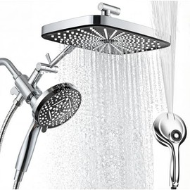 High Pressure Shower Head with Handheld, Upgrade Rain Shower Heads with Fixed Showerhead Combo, 10 Sprays Handheld Shower Head Built in Power Jets, 71" Long Hose, Chrome Silver