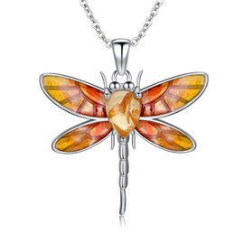 YFN Dragonfly Necklace Sterling Silver Amber Dragonfly Pendant Orange Dragonfly Jewelry Gift for Women, Organe